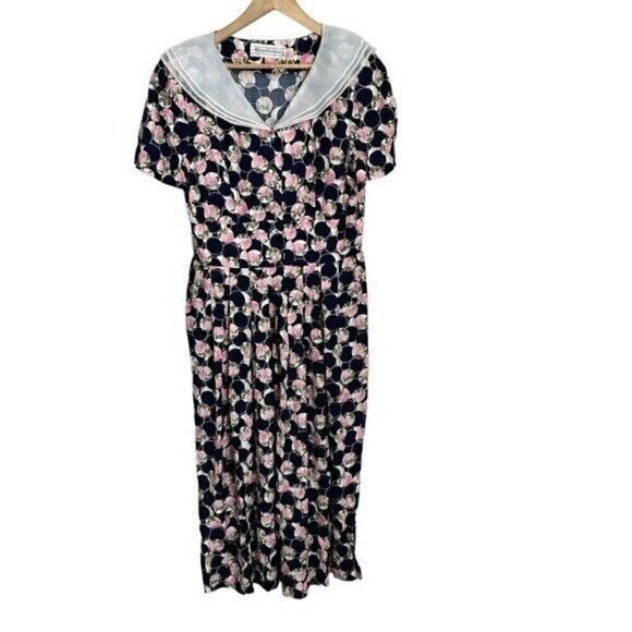 Vintage Dresses & Skirts - Vintage 70s/80s Navy Blue Floral Lace Cottage Core Maxi Dress Sz Medium